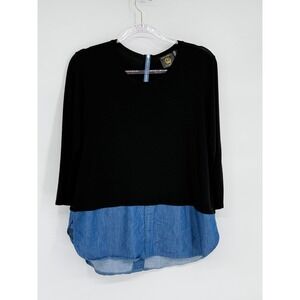 Vecceli Italy Womens Black Mixed Media Denim Hem 3/4 Sleeve Zipper Top Sz M